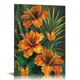 Toile mur art tropical Hibiscus peinture images de palmier vert feuille imprimés hawaïd œuvres d'art pour le salon décor mural de chambre à coucher prête à accrocher