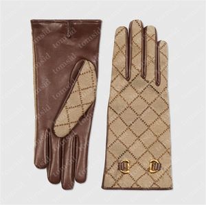 Canvas Dames Designer Handschoenen Volledige Letters Winter Luxe Handschoenen Gouden Gesp Warme Wollen Voering Mode Echt Lederen Handschoen