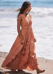 Canwedance été robe de plage sans manches coton Maxi robes Style Boho couleur unie dentelle à volants robe d'été Mujer robes 240131