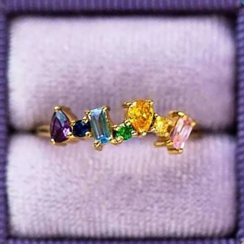 Caoshi geometrische vorm zirkonia ring voor huwelijksceremonie dame esthetische regenboog gekleurde cz vingeraccessoires voor verloving