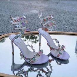 Caovilla René Sandales à talons hauts papillons décoratifs 9,5 cm femmes chaussures de robe serpent boucles enveloppées de pieds d'été