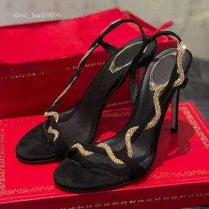 Caovilla Rene Strass Serpentine Enroulement Noir Sandales à Talons Hauts Anti Velours Élégant Sexy Mode Luxe Designer 9.5cm Femmes Talons Hauts Banquet Fête