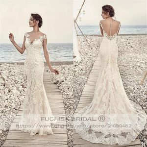 Robe de mariée en dentelle champagne à manches cape avec dos illusion ajusté à la robe de mariée mince évasée sur mesure Made213Y