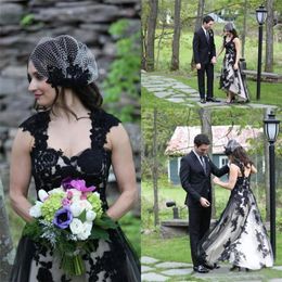 Cap Mouwen High Low Lace Tule Plus Maat Gotische bruiloft Bruidsjurken Country Style Vintage Black -and White Wedding Jurk