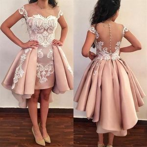 Cap Mouwen Short Prom Dresses Lace Applique Overskirt Vestidos High Low Homecoming Party