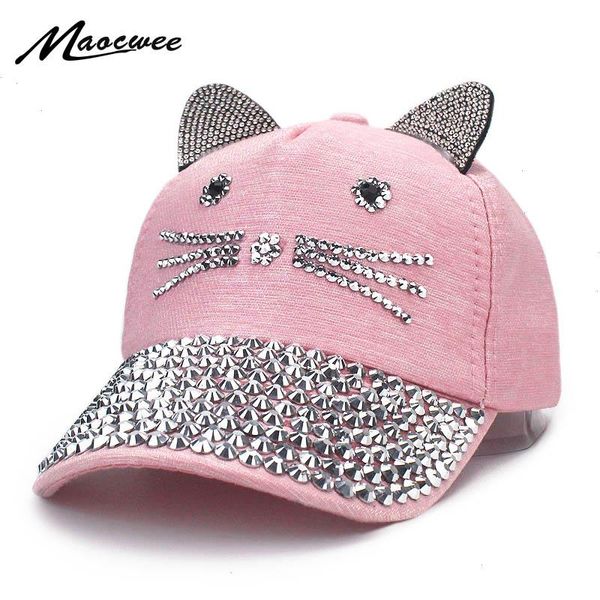 Gorra Primavera y verano Gato lindo Estilo Orejas Diamantes de imitación Perla Sombrero para niños Punto Taladro Béisbol ajustable