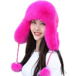 Cap100% Real Fox Fur Hats Russian Ushanka Trapper Snow Hat Ski Earflap Caps Invierno de bomaber Bomaber Hat 231221