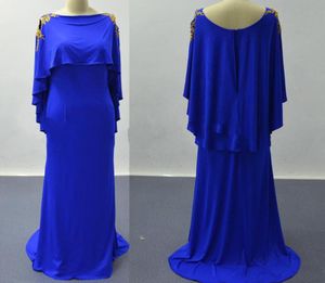 Robe de bal en Satin bleu Royal, manches Cape, dentelle dorée, avec appliques, gaine, Scoop, robes de soirée, nouvelle collection 2023, 865