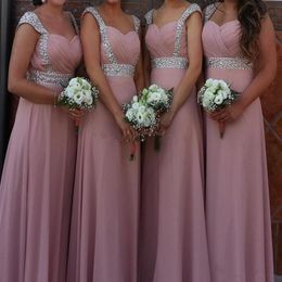 Capped Sweetheart Chiffon Lange Bruidsmeisjekleding Lace Up 2019 Kralen Feestjurk Blush Roze Vestito Damigella Donna323T