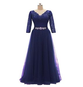 Afgedekt v nek lange avondjurken 2019 Lange mouwen avondjurken Empire Taille Party Dress Purple Mary Blue8002492