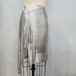 Capris – jupe de Club Sexy en aluminium argenté, paillettes métalliques asymétriques, maille métallique, chaîne de maille, fête d'anniversaire, 2021