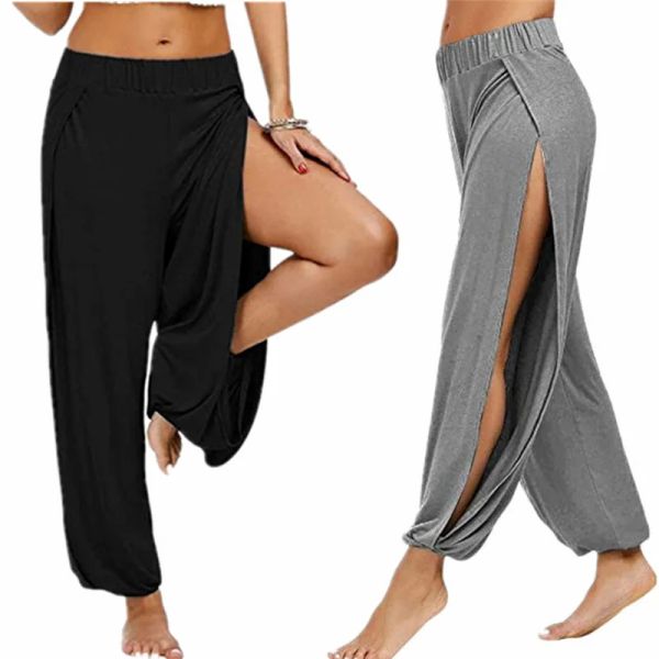 Capris 2022 Nouvelles Femmes Haute Fente Bloomers Pantalon D'été Couleur Unie Taille Moyenne Lâche Hippie Sarouel Femme Mode Pantalon De Danse 3xl