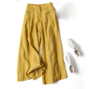 Capris 2023 Primavera Verano pantalones de pierna ancha de lino y algodón para mujer pantalones holgados elásticos de cintura alta falda fina para mujer pantalones Capris pantalones acampanados