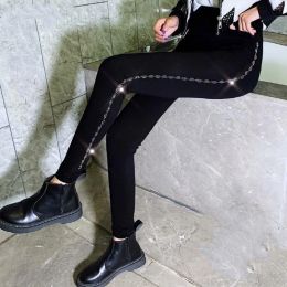 Capris Automne Hiver Leggings pour Femmes Paillettes Strass Pantalon Chaud Grande Taille Taille Haute Noir Pantalon Skinny