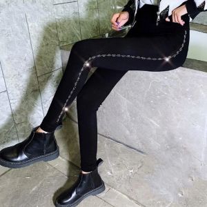 Capris Otoño Invierno Leggings para mujer Pantalones de lentejuelas con diamantes de imitación Pantalones cálidos de talla grande de cintura alta Pantalones pitillo negros