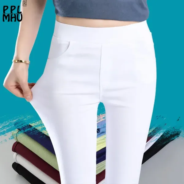 Capris informales de cintura media para mujer, Pantalón pitillo elástico, color blanco, Capris básicos, mallas hasta el tobillo, verano 2023