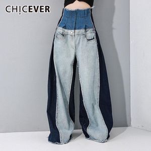 Capri Chicever Blauwe Broek voor Dames Hoge Taille Zakken Hit Kleur Grote Maat Patchwork Denim Wijde Pijpen Broek Dames 2021 Herfstkleding