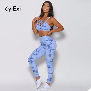 Capris Cyiexi Femmes Tiedye Print Leggings Set Sexe Crisscross Sports Suit Bra Tops and Pant 2 pièces Sets Female High Waon