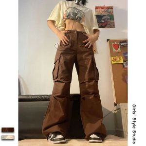 Capris Deeptown Vintage Brown Parachute Pants vrouwen Casual witte vrachtbroek Streetwear Harajuku Oversized vrouwelijke Koreaanse mode nieuw
