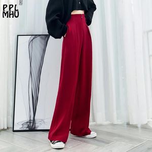 Capris Design Zipper High Wide Jam Leg Pants femmes 2023 Spring Summer Thin Elegant Red Pantalones Office Dame Traine Baggy Pantalon