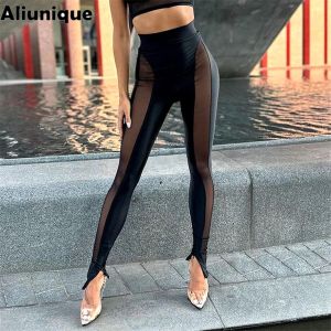 Capris Mode Femme Taille Haute Maille Patchwork Crayon Pantalon Sexy Skinny Sport Fintess Pantalon Long Streetwear Noir Blanc Leggings