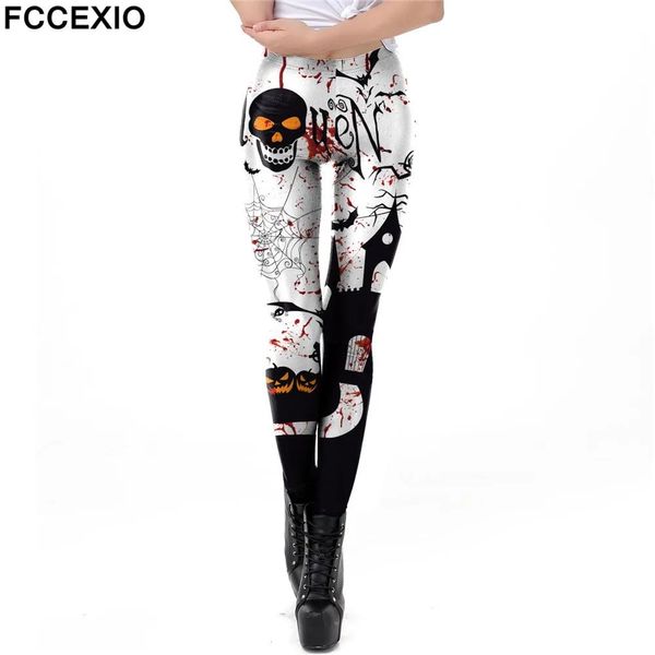 Capris FCCEXIO Leggings clásicos con estampado de Halloween para mujer, pantalones de entrenamiento sexis, mallas ajustadas con Calavera, pantalón de mujer, pantalones de cintura alta