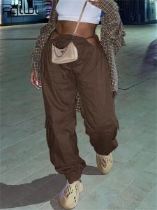 Capris FQLWL Autumn Streetwear Baggy Pants Women 2022 Hoge taille Bruine grijs trekkoord