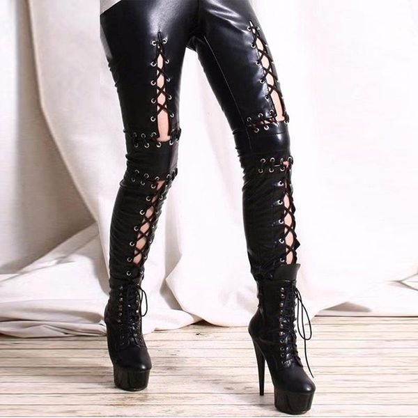 Capris Gothic Black en dentelle pantalon maigre pour femmes Leggings sexy crayons punk rock plus taille pantalon en cuir pantalon femelle xxl