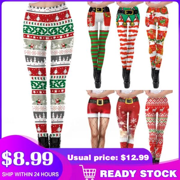 Capris Joyeux Noël Cadeau De Noël Fête Pantalons Longs Imprimé Coloré Élastique Femmes Legging Serré Mignon Pantalon Sexy Capris En Stock