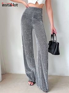 Capri InstaHot Pailletten Dames Uitlopende Wijde Pijpen Broek Hoge Taille Lentebroek Losse Casual Stedelijke Koreaanse Techwear Esthetische Kleding Nieuw