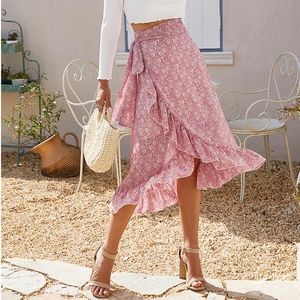 Capris Ladies Vintage Floral Print Long Summer Rok Women Hoge Taille Knoopte Gebonden wrap Ruffle Chiffon A Line Split Woman Skirts vrouw