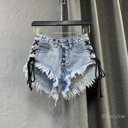 Capris taille basse Shorts femmes 2021 nouveau taille haute simple boutonnage lavé porté sangle croisée côté déchiré Denim court Sexy pantalons chauds