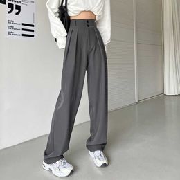 Capris Lucy ver Moda coreana Pierna ancha Negro Gris Oficina Conjunto de cintura alta Pantalones rectos sueltos casuales para mujer P230602