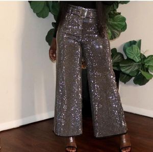 Capris luxe vintage hoge taille stretch plus size brede been pant glitter Rhinestone Bling Crystal Diamond Party Birthday broek