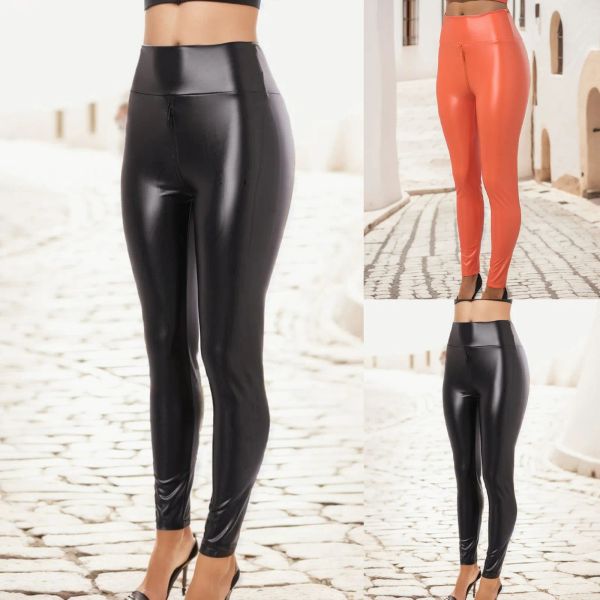 Capris Nouveau Taille Haute Pu Faux Cuir Leggings Pour Femmes Skinny Crayon Pantalon Streetwear Zip Ouvert Entrejambe Pantalon Pantalones De Mujer