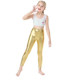 Capris OVIGILY Leggings métalliques brillants taille moyenne pour filles, pantalons de danse extensibles à la cheville pour enfants, Leggings de Performance sur scène