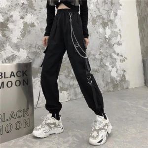 Capris Punk Cargo pantalon femmes Joggers avec poches en chaîne grande taille ample noir femmes Baggy Harajuku pantalon surdimensionné Hip Hop