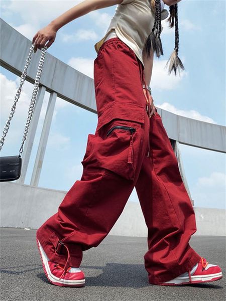 Capris Qweek Techwear Red Cargo Pants Women 90s Vintage retro streetwear hip hop pantalones de pierna ancha ancha