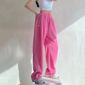 Rimocio Capris Pantalones de chándal de las piernas anchas de color rosa fuerte para mujeres Pantalones deportivos causales altos pantalones de color sólido de color sólido