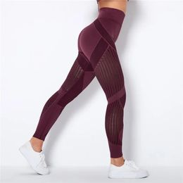 Capris Rooftrellen 20% spandex Leggings en maille creuse femmes Leggings tricotés sans couture taille haute pantalon à rayures Slim Push Up Fiess Leggins