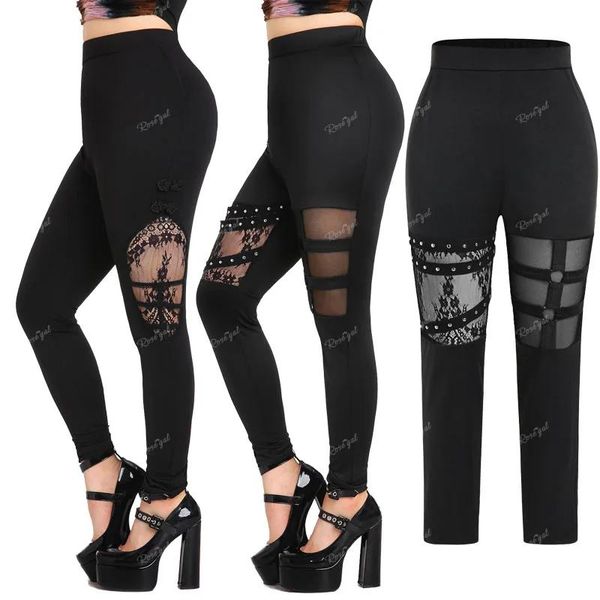 Capris Rosegal grande taille gothique dentelle panneau maille goujons en cage découpe pantalon noir femmes Sexy tirer sur Leggings pantalon maigre Mujer 4xl