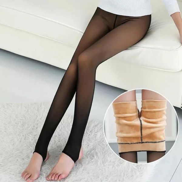 Capris Sexy Pantyhose Effet de la peau avec collants polaires Femme Woard Leggings de chaussettes translucides