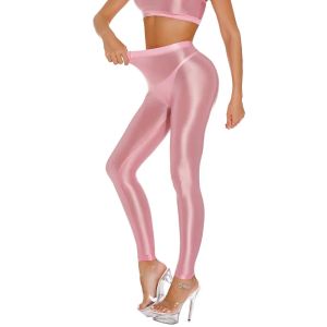 Capris sexis para mujer, pantalones de tubo transparentes transparentes, mallas moldeadoras de Yoga brillantes al óleo, leotardo elástico, mallas a la cadera de Color caramelo