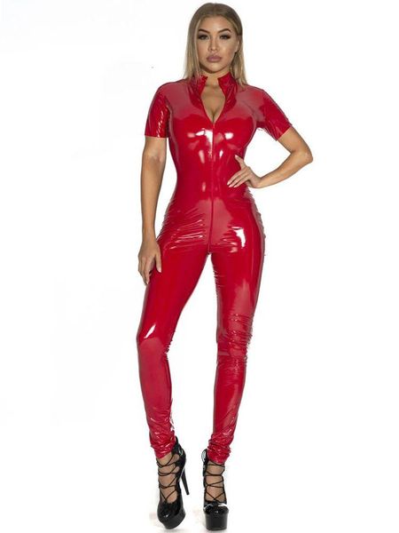 Capris Manches Courtes Wet Look Pvc Catsuit Double Fermeture Éclair Ouvert Entrejambe Body Brillant Pu Collants En Cuir Combinaison Sexy Cosplay Body Justaucorps