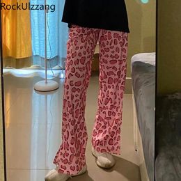 Capris lado divisão elástica cintura alta leopardo rosa calça bolso feminino moda estética verão y2k magro fenda calças estilo coreano bonito