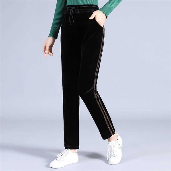 Capris Side Stripe Bright Line Décoratif Or Velours Confortable Pantalon Femme Brossé Taille Noir Lâche Casual Plus La Taille Flexible P230602