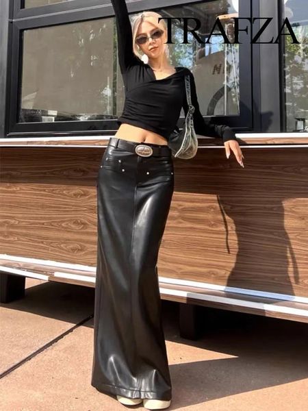 Capris TRAFZA Automne Hiver Femmes Mode Sexy Noir Dos Fente PU Jupe Crayon En Cuir Avec Ceinture Casual Chic Paquet Hanches Jupes Longues