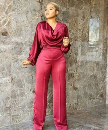Capris Tsxt 2021 nouveau Style africain femmes solide 2 couleurs recueillir taille 2 pièces ensembles dame col en v manches longues hauts jambes larges pantalons ensembles