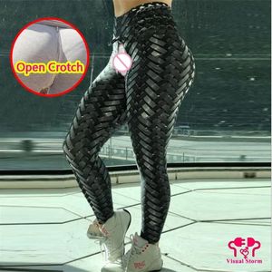 Capri vrouw sexy open kruis broek legging creatieve fitness broek cyber punk stijl verborgen ritsen crtochless buiten seks slipje