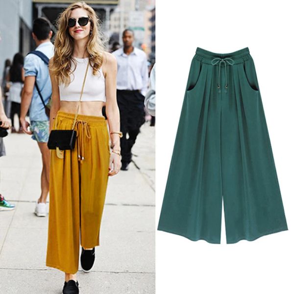 Capris femmes automne classique pantalon à jambes larges Vintage culottes bureau élégant pantalon décontracté femme cordon à lacets pantalon ample